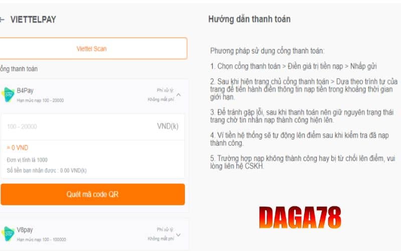 Nạp tiền DAGA78 bằng VIETTELPAY