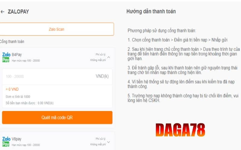 Nạp tiền DAGA78 bằng ZaloPay