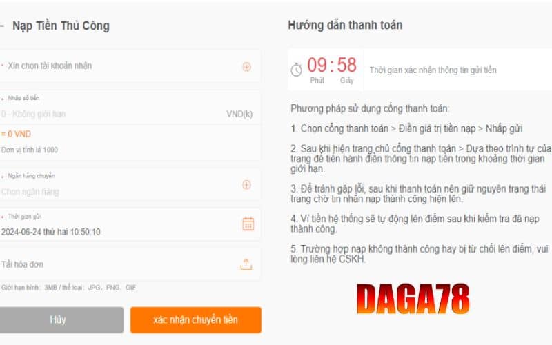 Nạp tiền DAGA78 bằng phương thức thủ công